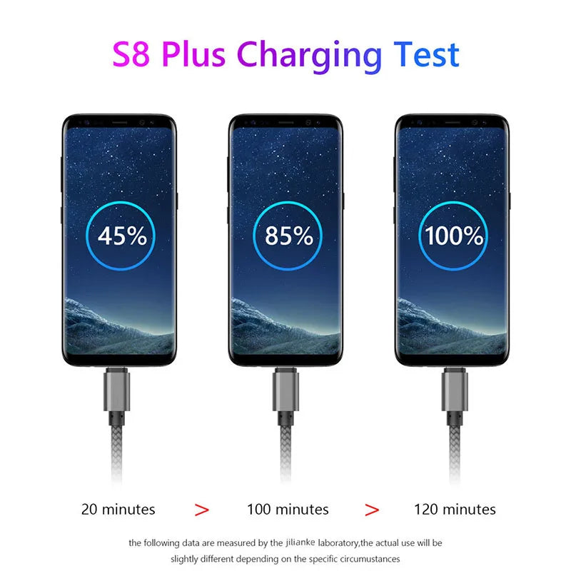 Three samsung s8 plus phones showing different battery levels charging with micro cable fast charging wire mobile usb adapter