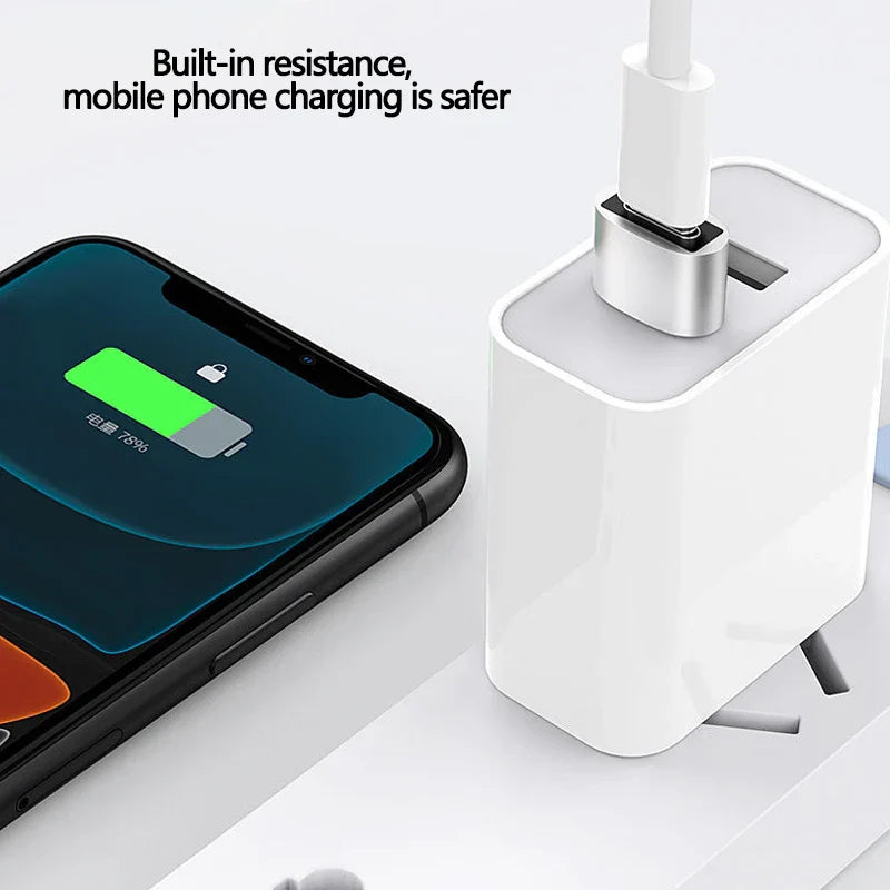 White rectangular usb c converter with silver metallic plug and female usb port for safe mobile charging
