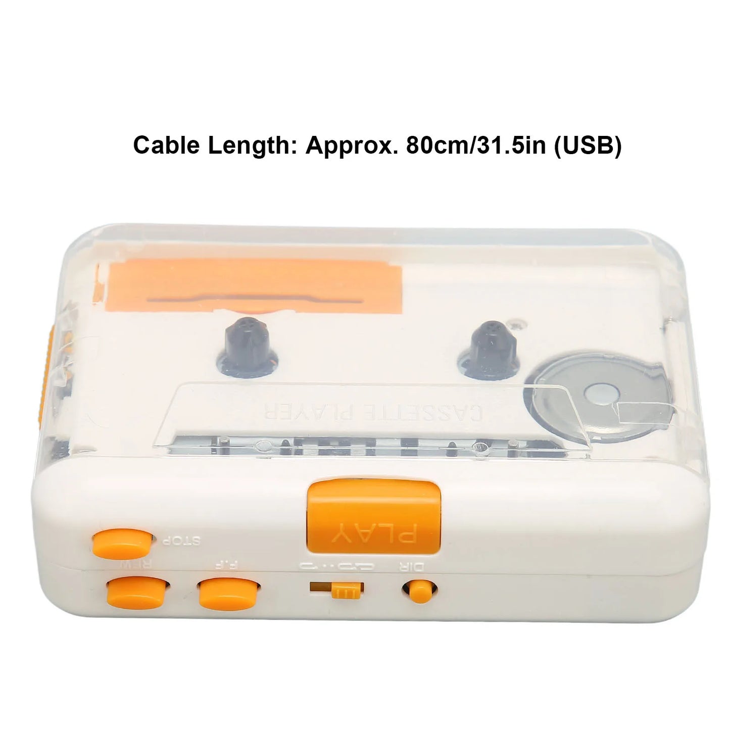 White and orange usb cassette converter with transparent casing portable music tape player for ipod and pc use