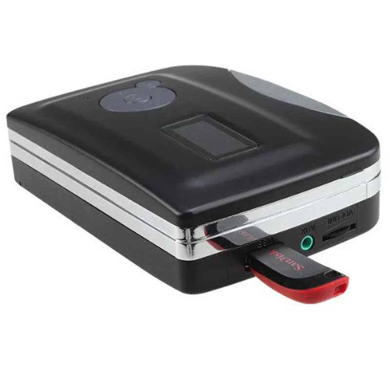 Black and silver usb cassette tape player with red sandisk flash drive adapter for mp3 recording music into usb flash drive