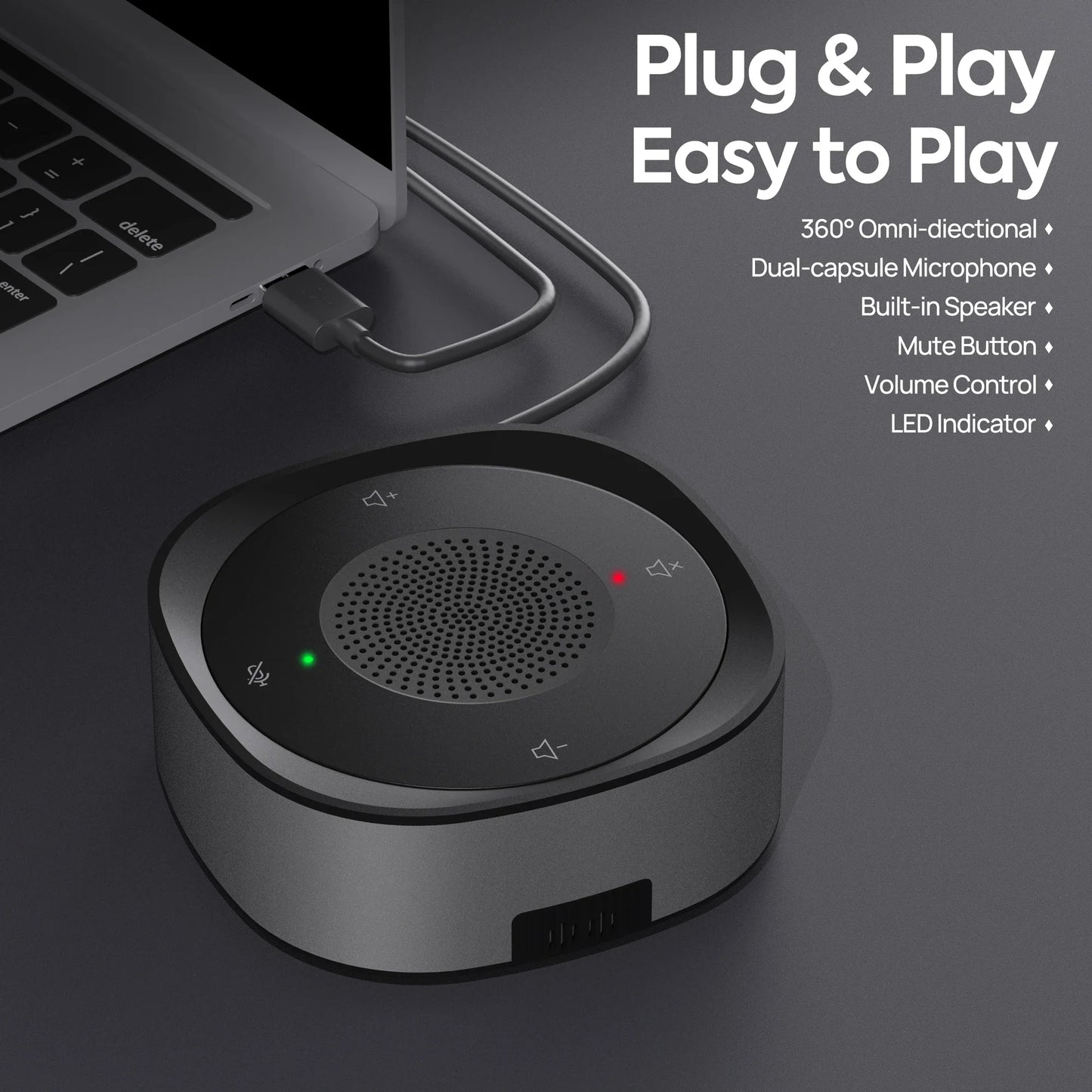 Silver and black cylindrical usb conference speaker microphone with built-in mic volume controls and 360-degree sound