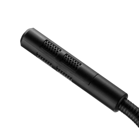 Black usb desktop microphone with perforated grille and flexible coiled cable for omnidirectional pc laptop gaming recording chatting