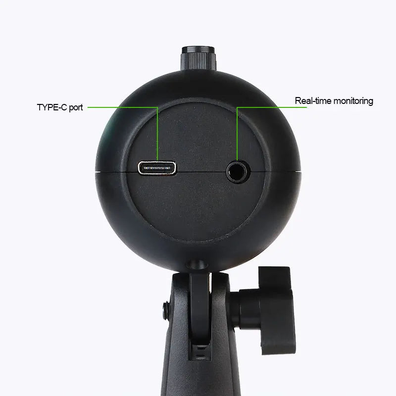 Black spherical camera monitor with type-c port and real-time monitoring for usb gaming microphone condenser podcast mic with headphone jack led