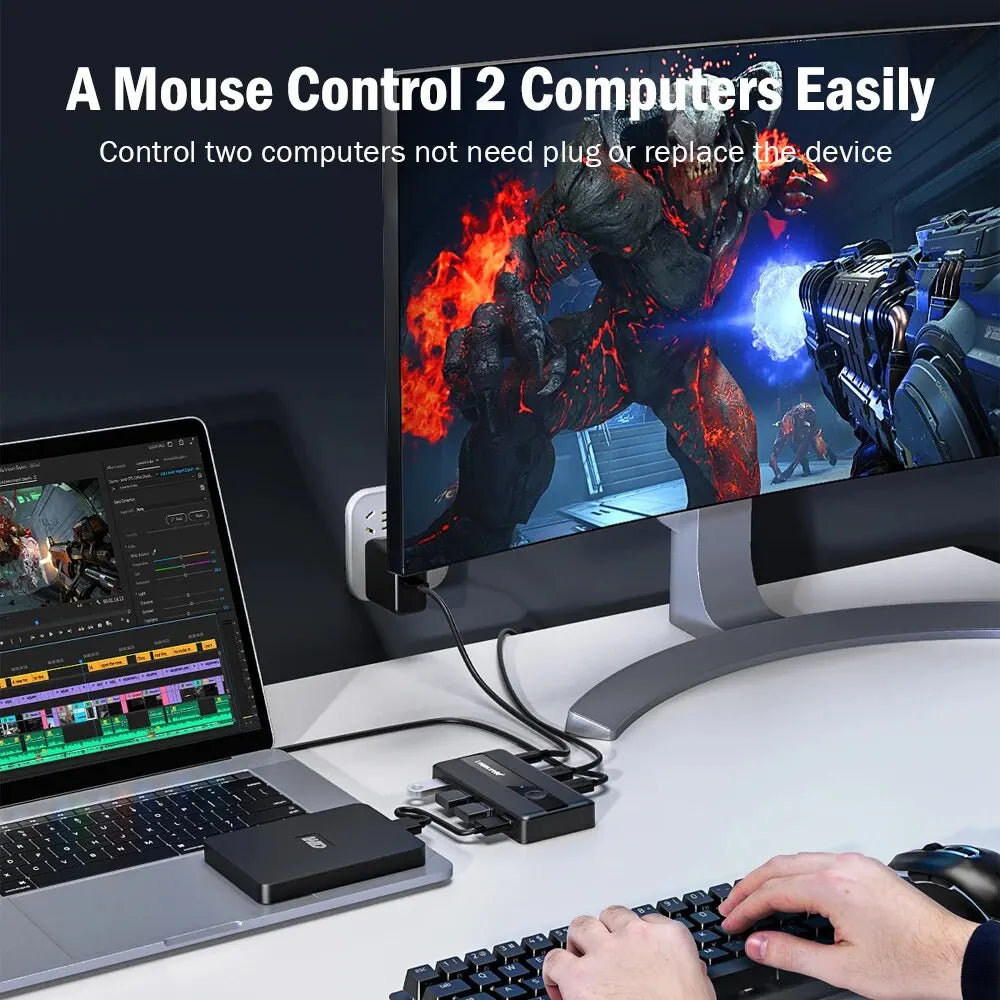 Black usb kvm switch adapter with multiple usb 3.0 ports for controlling two computers and printer sharer functions