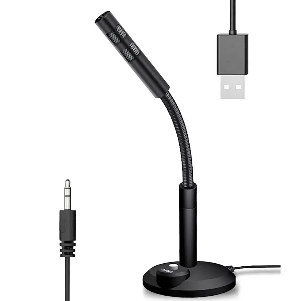 Black usb desktop microphone with flexible gooseneck and circular base with on/off button for youtube streaming podcasting gaming mic