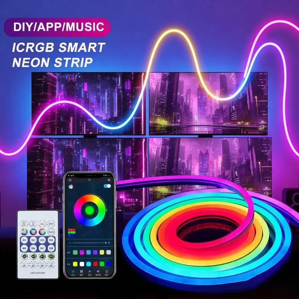 A coiled flexible usb rgbic neon led strip with vibrant rainbow lighting and bluetooth app control for gaming decor
