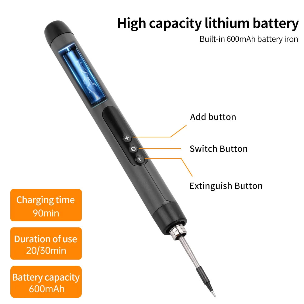 Black usb soldering iron with blue lithium battery compartment and three control buttons for adjustable temperature