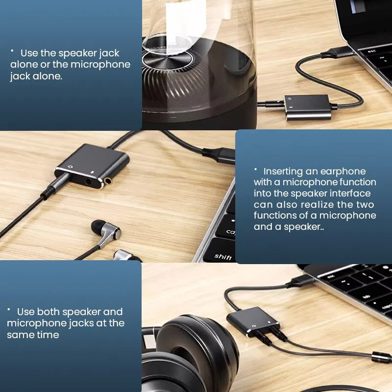 Black rectangular usb audio adapter with braided cable featuring two 3.5mm headphone jacks and usb-c connector