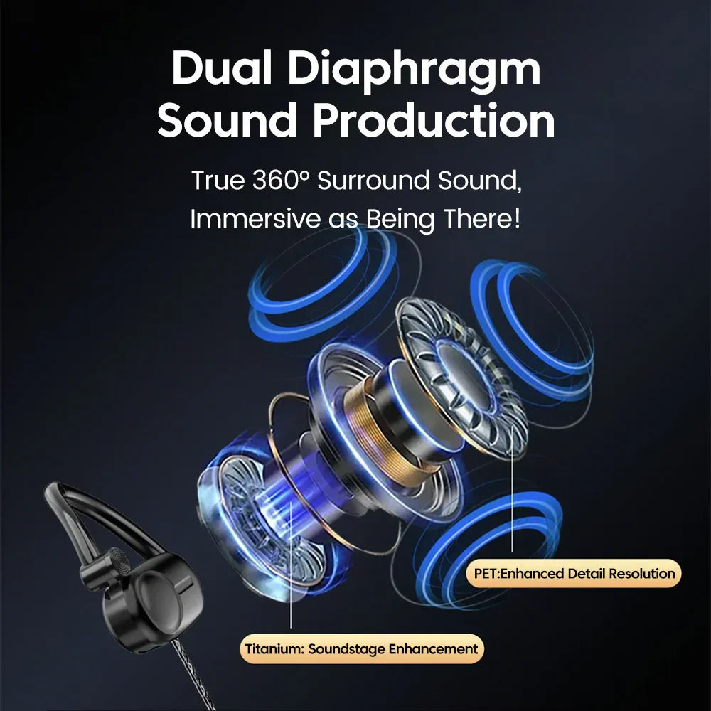 Black wireless earbud with titanium accents featuring dual microphone hifi surround for game noise reduction