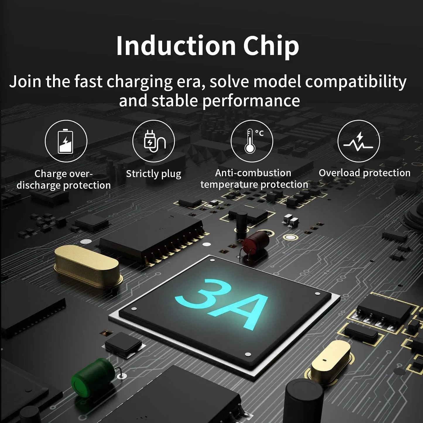 Black induction chip with glowing teal 3a marking on USB Type C PD to DC cable adapter for 12v 15v 65w strip tv box camera wireless router