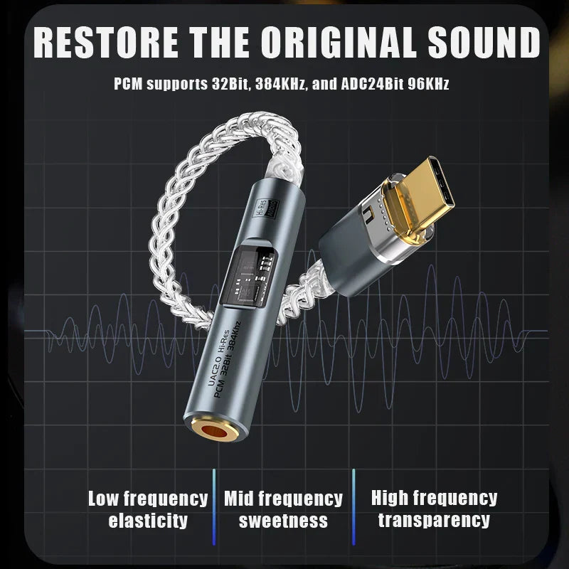Silver and gold-plated usb c to 3.5mm audio aux converter with braided cable and 32bit 384khz headphone amp hifi digital display