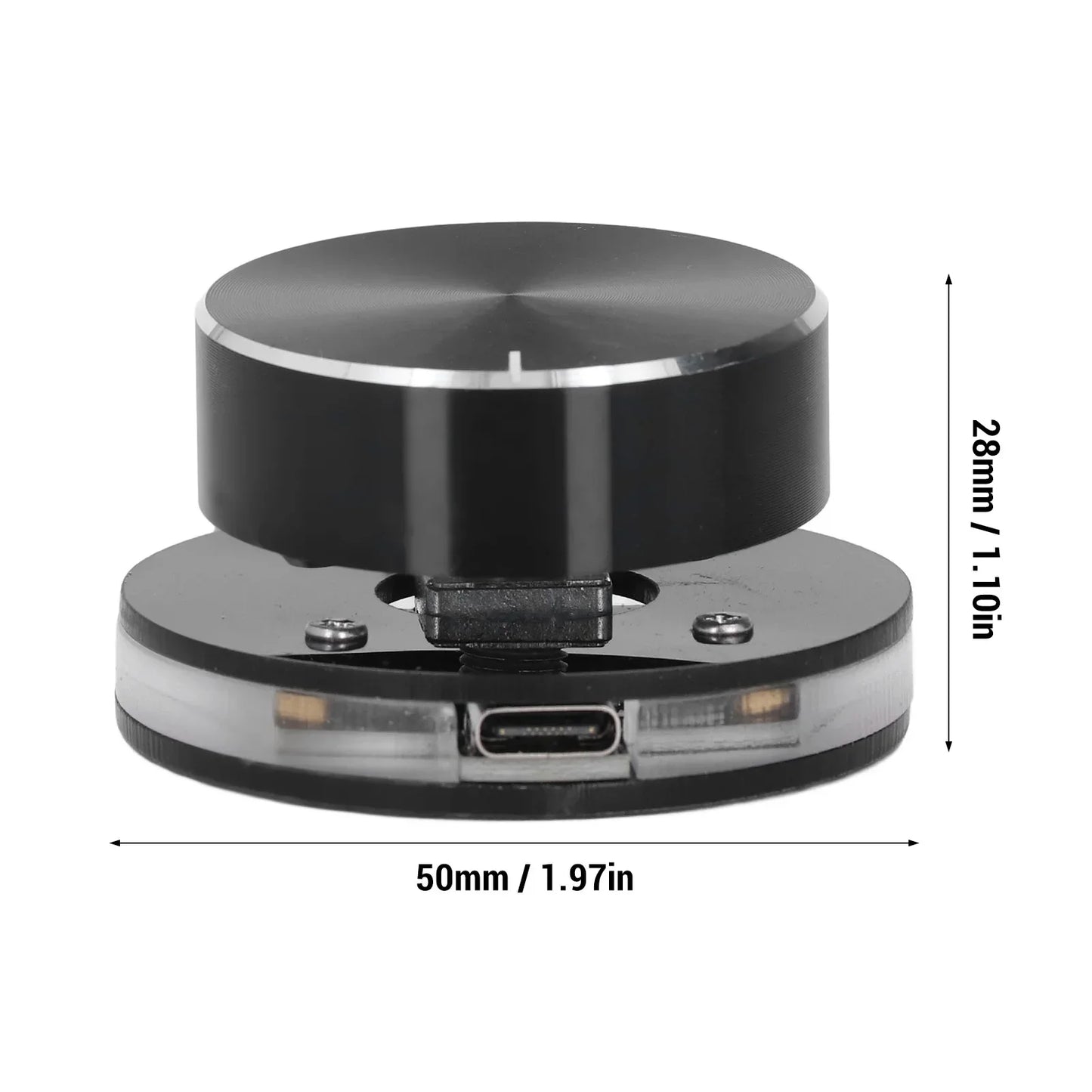 Usb volume control knob on a black 360-degree rotating display stand with brushed metal top and led-lit transparent base