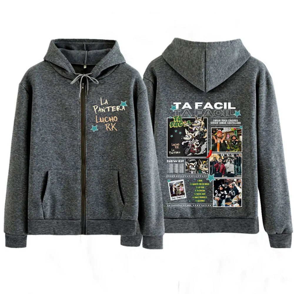 Rapper La Panter Lucho Rk Ta Facil Album 2025 Tour Fashion Print Zipper Hoodie Men Harajuku Hip-hop Oversized Zip Up Tracksuit