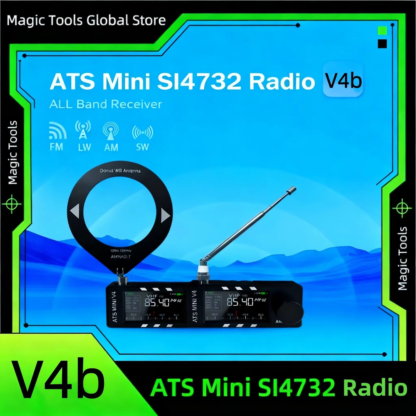 Black v4b amnvolt ats mini si4732 all band receiver with digital display, circular antenna, and built-in headphone amplifier