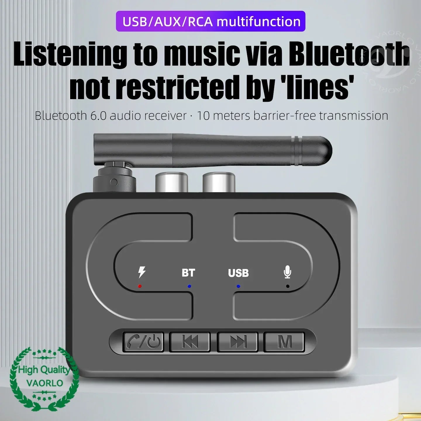 Black rectangular vaorlo bluetooth 6.0 stereo wireless adapter with mic hifi stereo and usb aux rca ports for car speaker amp