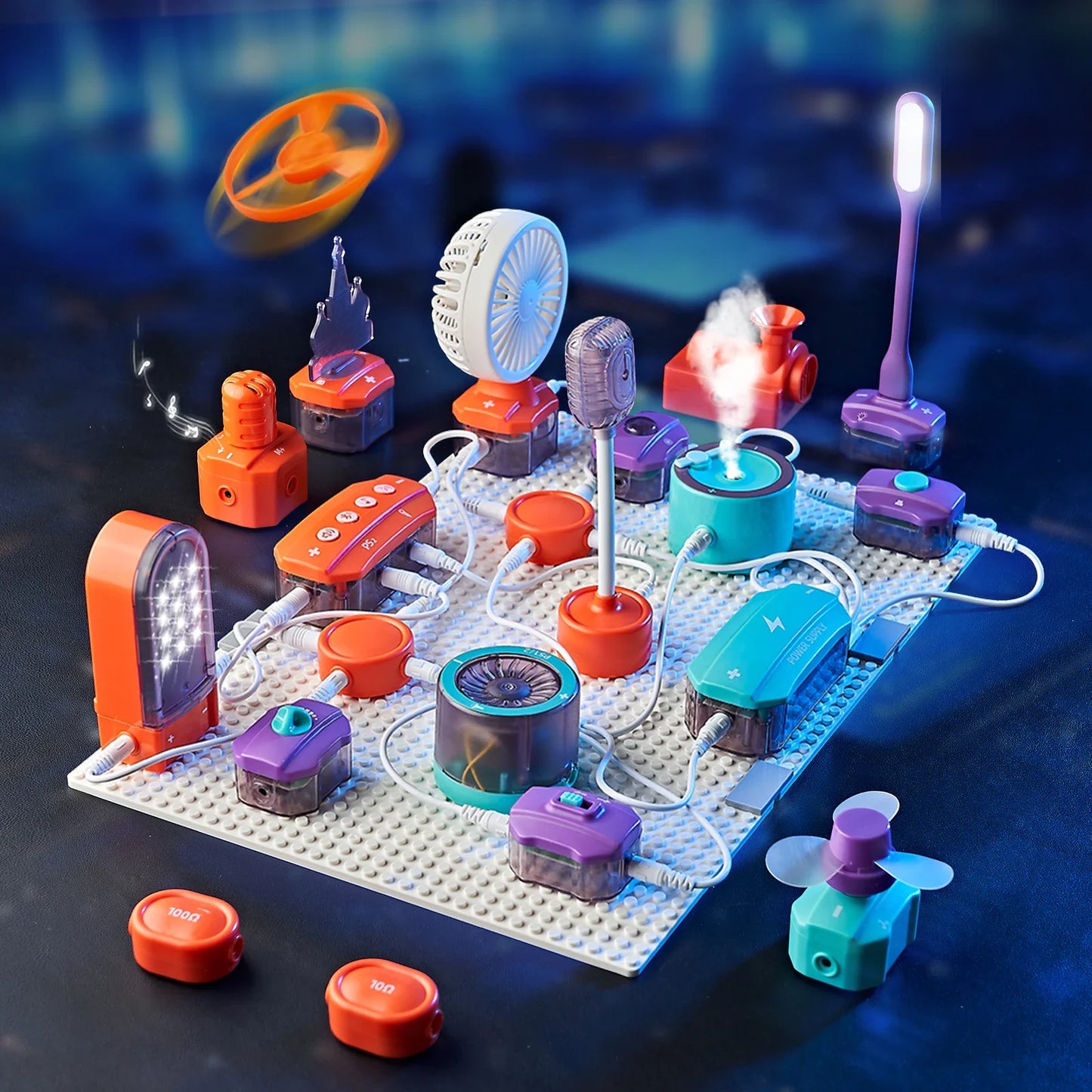 A colorful vatos science circuit kit with modular fans lights and steam generator on white lego baseplate for kids diy electronics