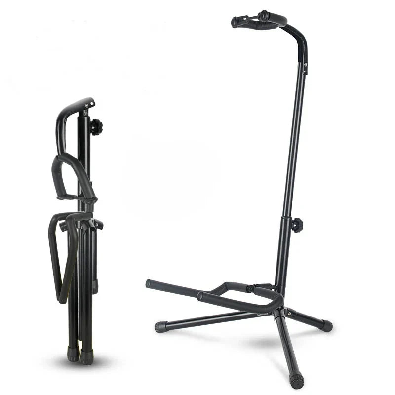 Black metal vertical guitar stand with adjustable height and foldable design for electric guitar display and pipa bass floor use