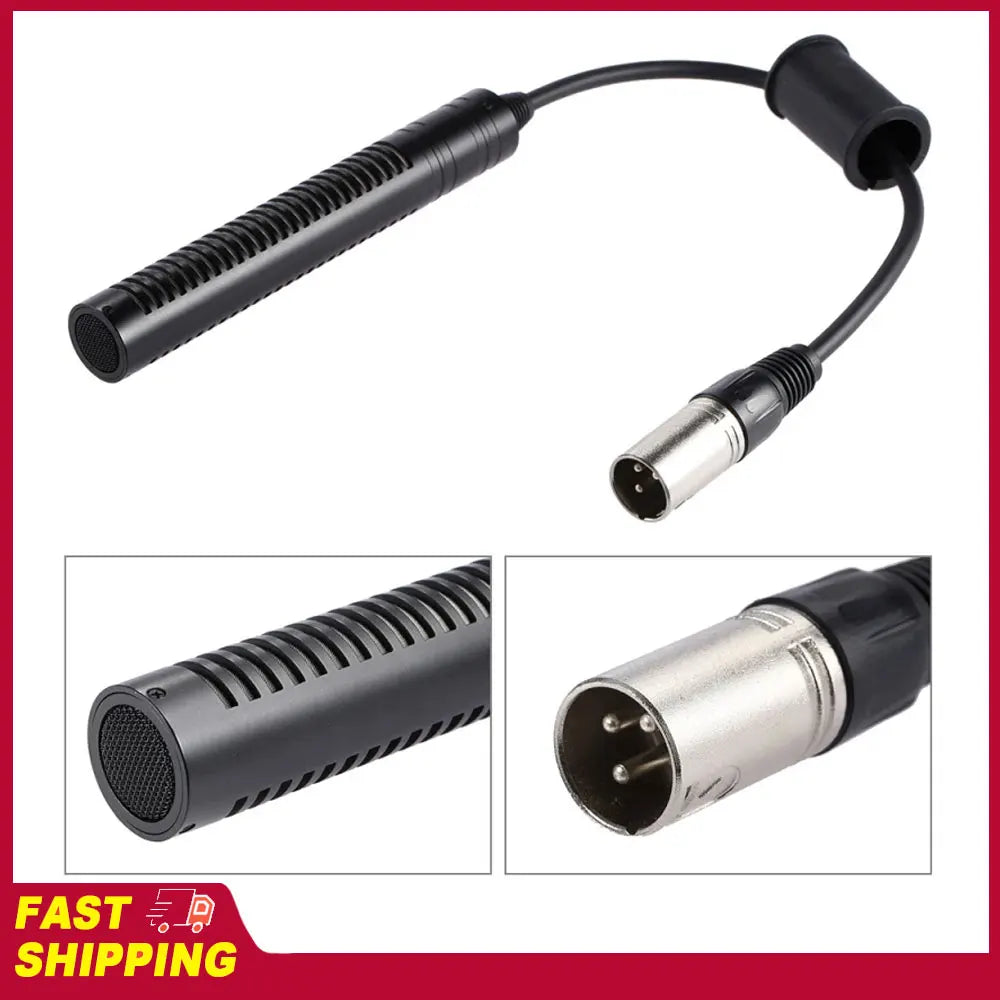 Black cylindrical unidirectional mic with ribbed texture and xlr connector for video recording microphone use