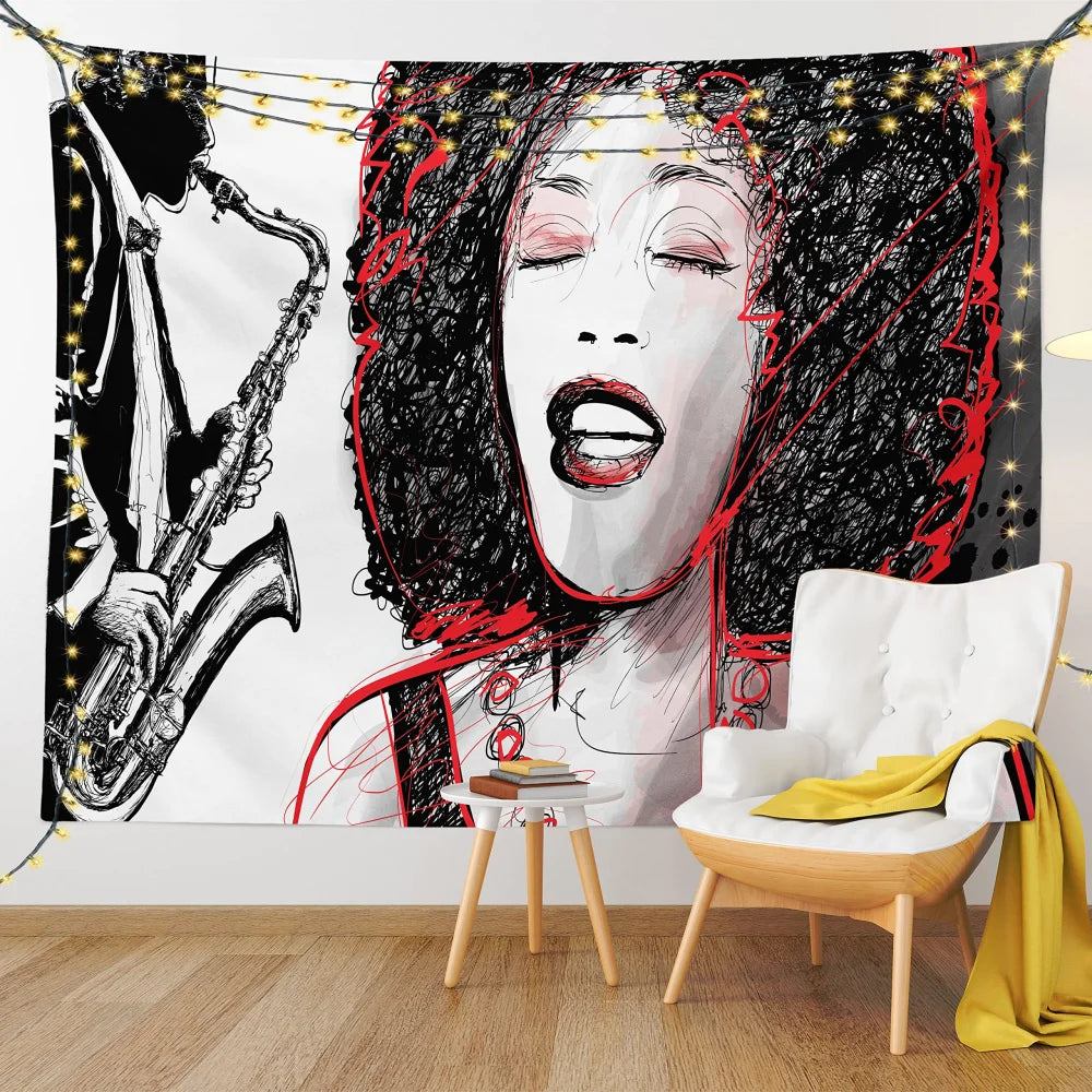 Vikama jazz singer singer art tapestry in red black hand-drawn style hanging above white chair for bedroom music studio decor