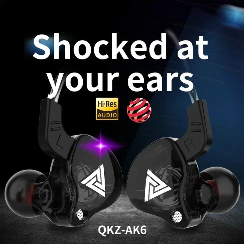 Black vikefon qkz ak6 in-ear monitors with glossy finish and white logo featuring dynamic driver unit and mic stereo sports design