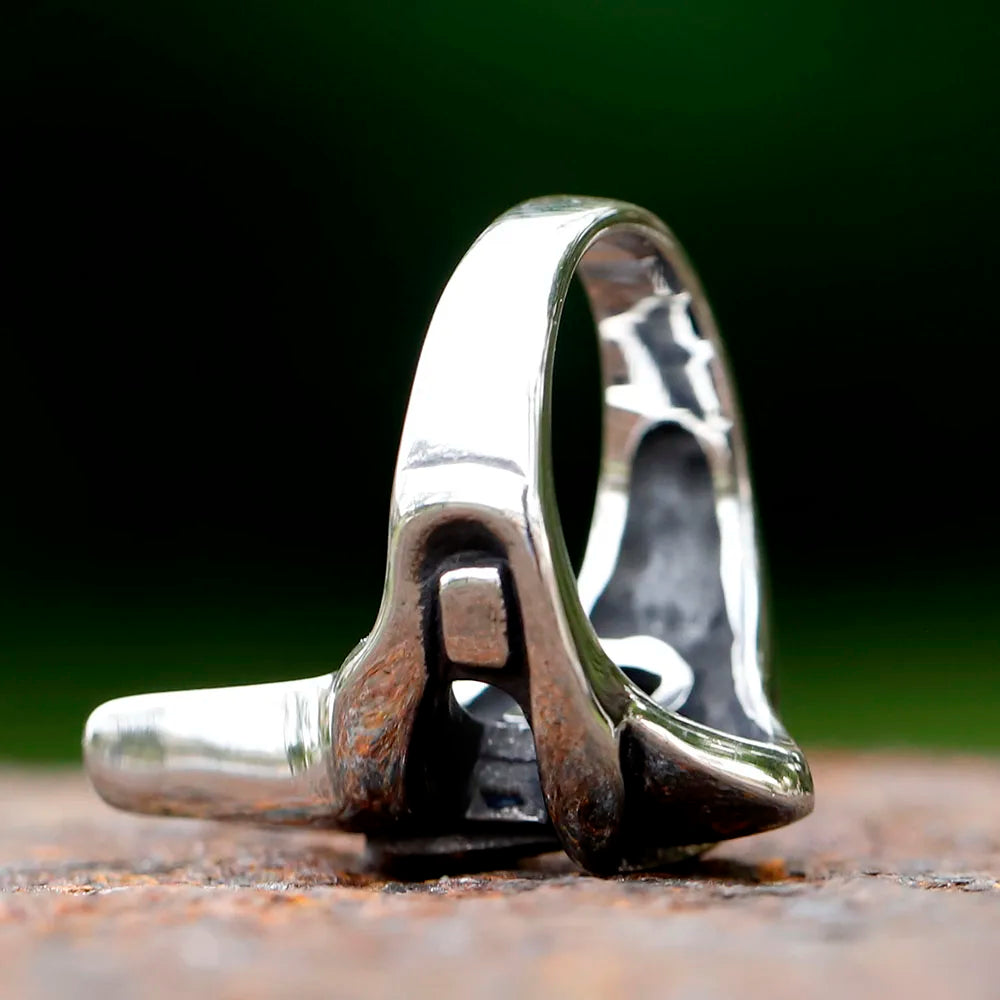 Silver-toned stainless steel vintage classic goth doom mask ring with bold industrial gear design for boys punk egyptian style