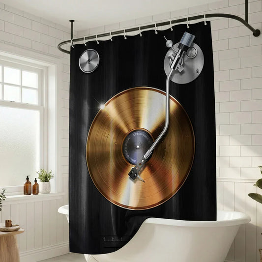 Black shower curtain featuring a vintage gold vinyl record graphic with silver needle, perfect for turntable bathroom decor