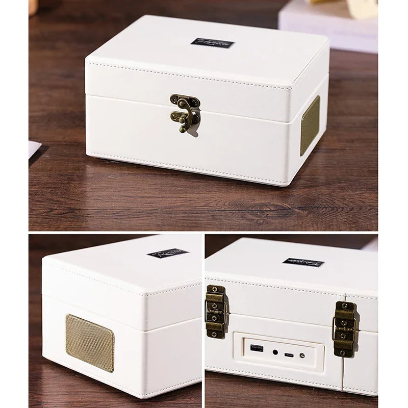 White leatherette rechargeable cd music player usb lossless with brass latch speaker portable shown from back side