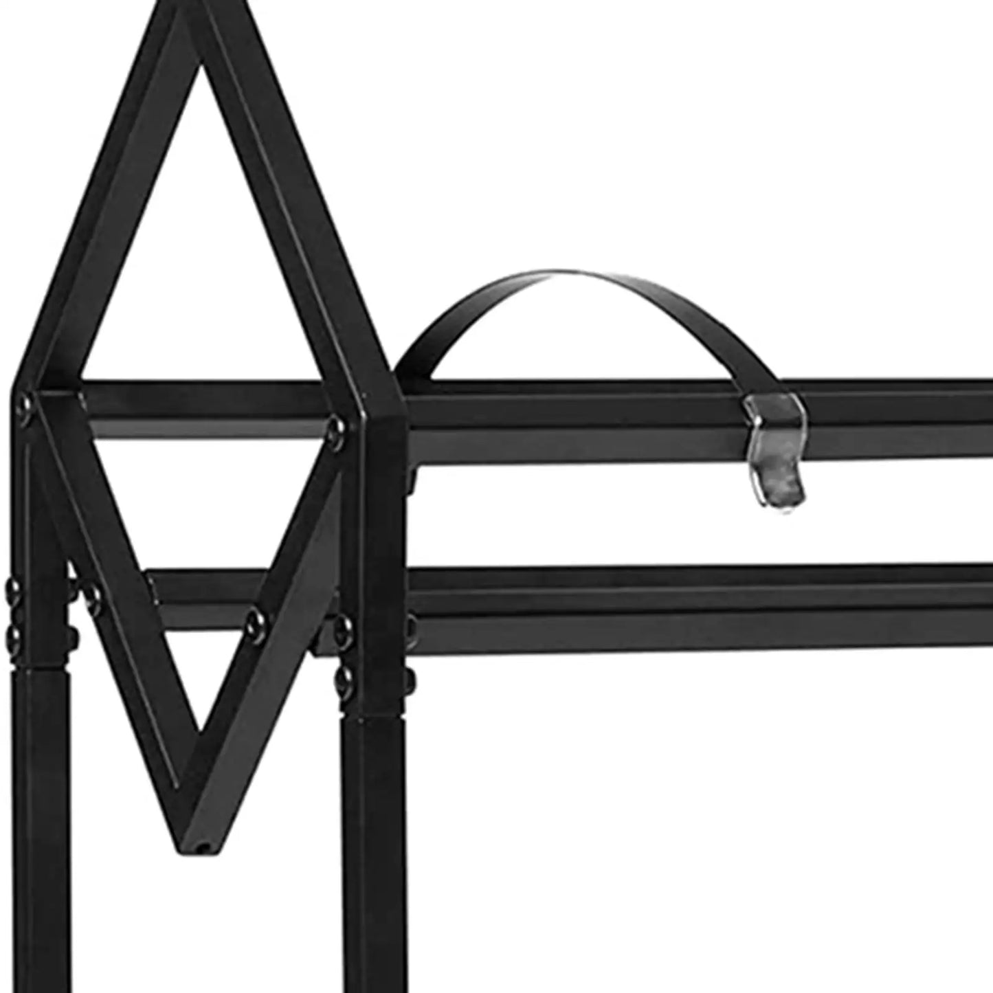 Black metal vinyl record display stand with triangular frame and adjustable handle for bedroom or shop use