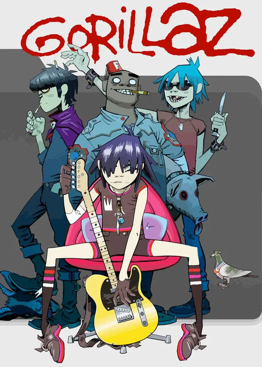 Yellow electric guitar with glossy finish and black pickguard held by central character in virtual anime rock band gorillaz poster canvas painting