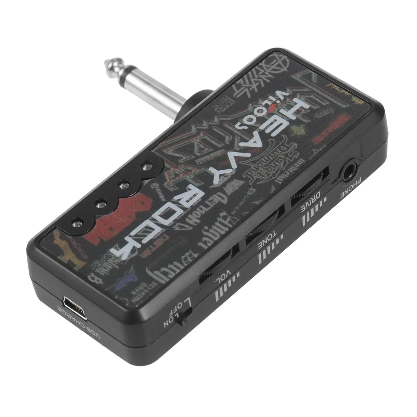 Black rectangular vitoos electric guitar headphone amp amplifier with silver 6.35mm jack and heavy rock compact design