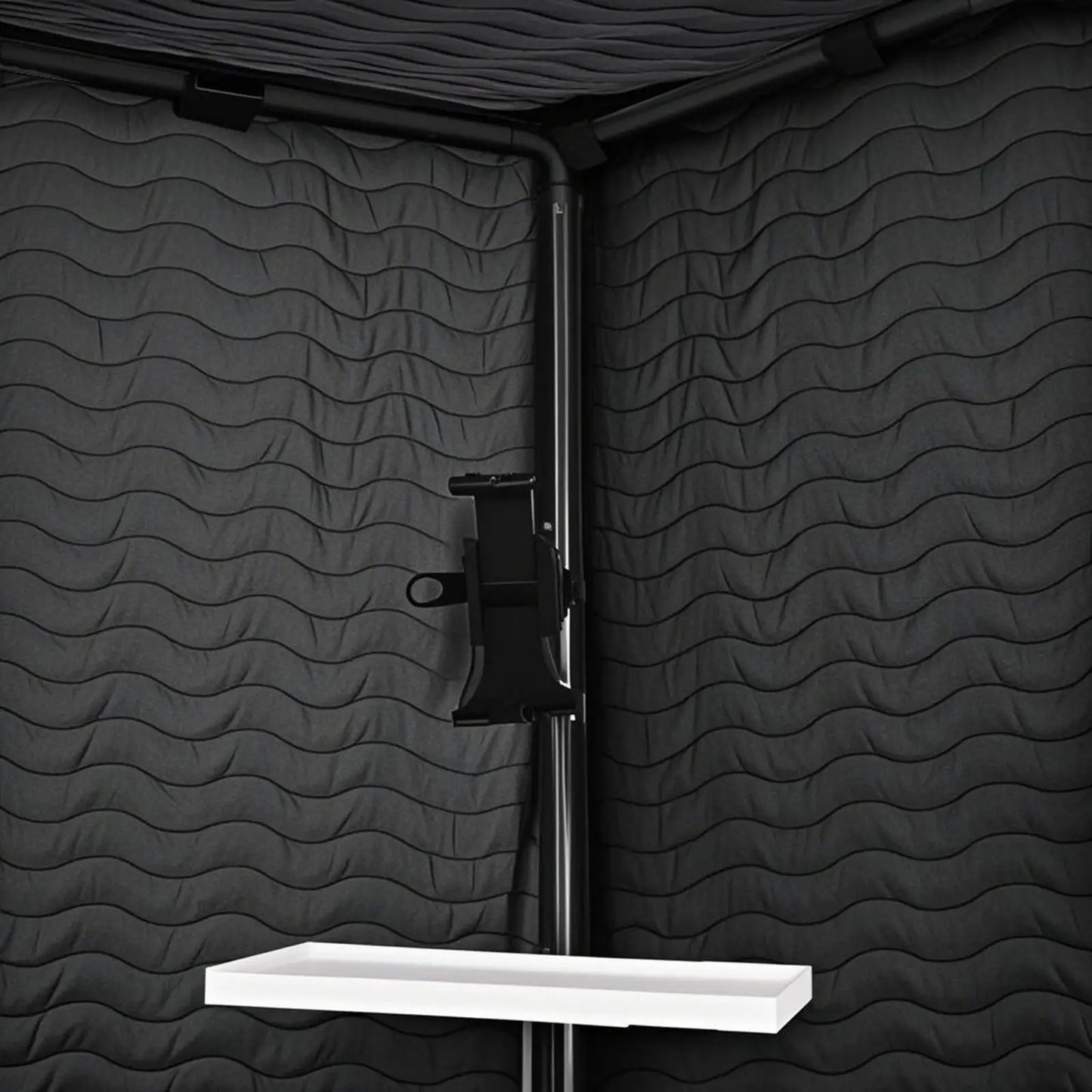 Black metal stand with white rectangular shelf attached for portable vocal booth echo prevention home studio use
