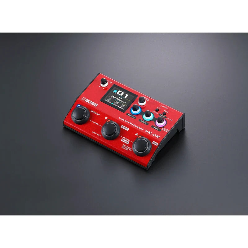 Red boss ve-22 vocal effects pedal with colorful illuminated controls and aux input for singers using mobile devices and phantom power
