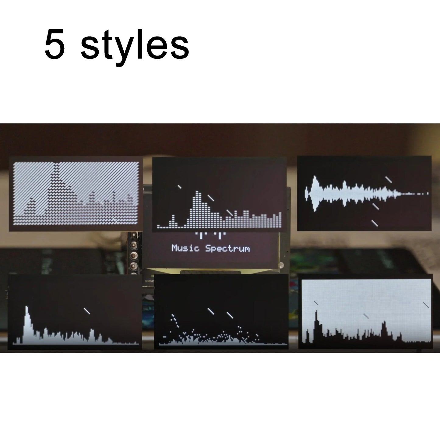 Black rectangular oled music spectrum display analyzer showing white audio waveform patterns for audio rhythm analysis
