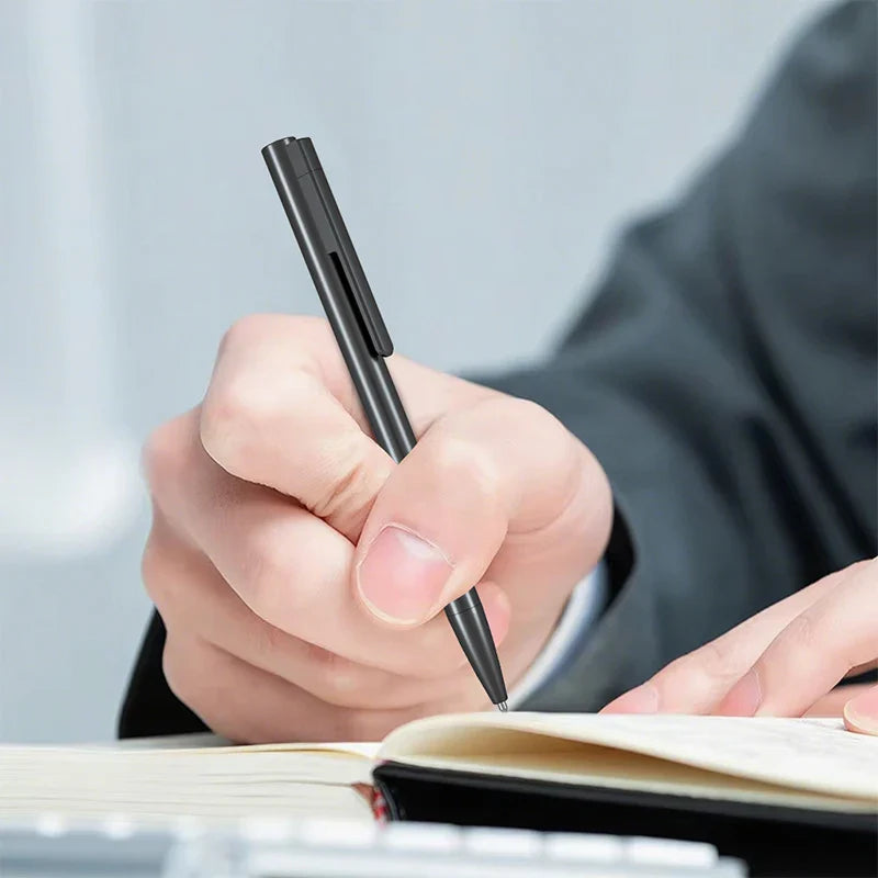 Black sleek ballpoint voice recorder pen with minimalist design and textured grip for professional sound recording