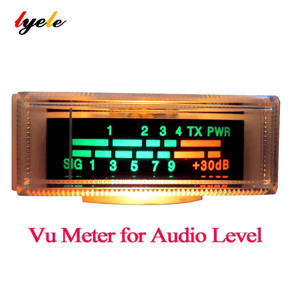 Clear plastic vu meter with digital display showing green and orange audio level high indicators for ohms sound signal electronic instrument indicator