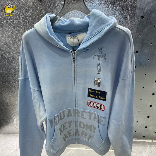 Washed Blue PALY Hoodies Men Woman Vintage Damaged Hole Old Casual High Quality Hip Hop Fashion Zipper Sweatshirts