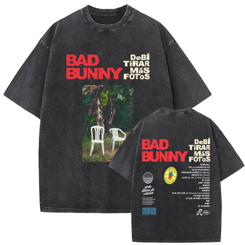 Black vintage bad bunny men hip hop oversized t shirt with faded white chairs graphic and red cream text design