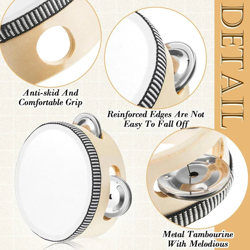 Beige wooden wedding tambourine drum with black and white striped edge trim and shiny metal jingles for percussion gift wood
