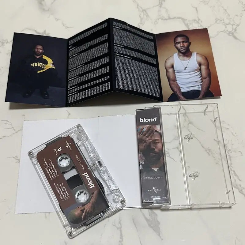 Clear plastic cassette tape with brown label featuring frank ocean blond album for western hip-hop music fidelity portable playback