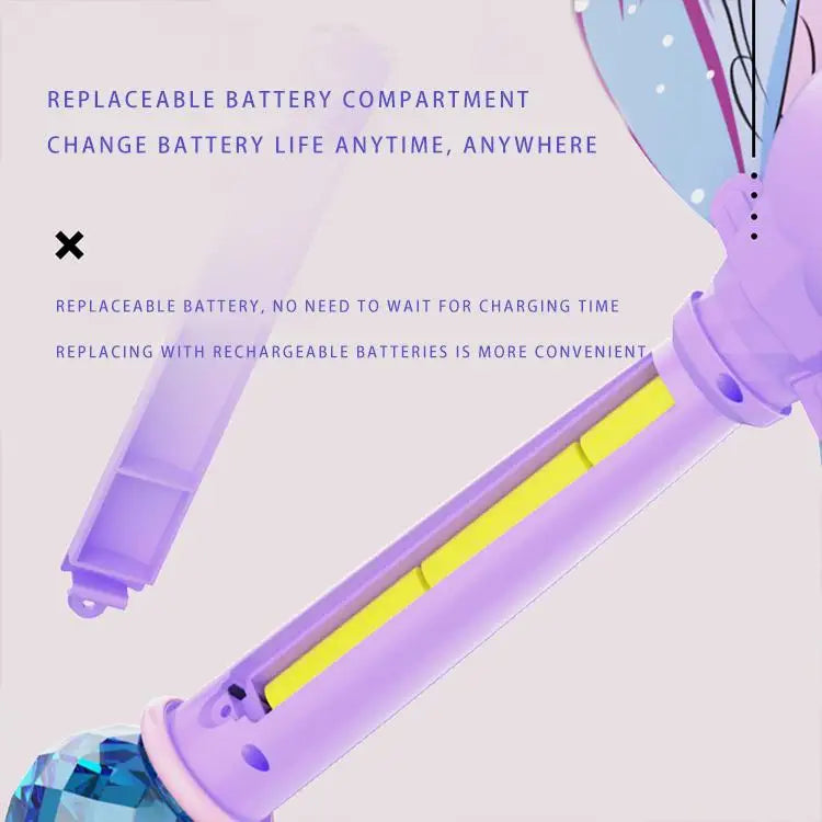 Purple plastic toy microphone with blue crystal ball and yellow led light in battery compartment for whimsical fairy bubble wand adventure lighting machine perfect summer toy