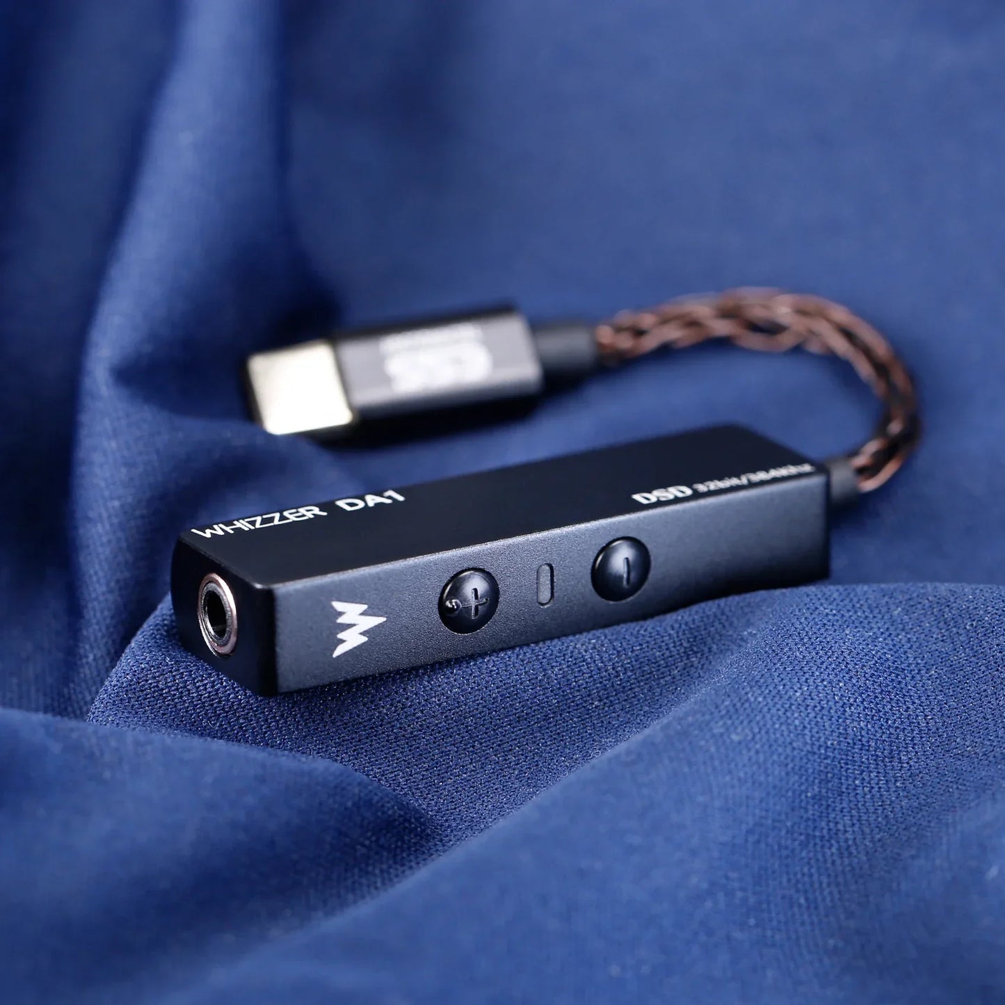 Black whizzer da1 portable dac usb c amplifier with braided cable silver lightning bolt logo and mic volume control