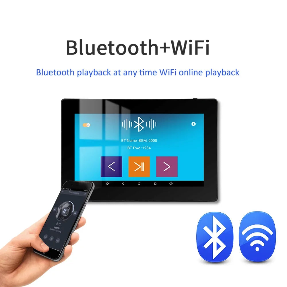 Black wifi bluetooth wall amplifier 7 inch metal frame mini stereo ceiling speaker displaying music controls