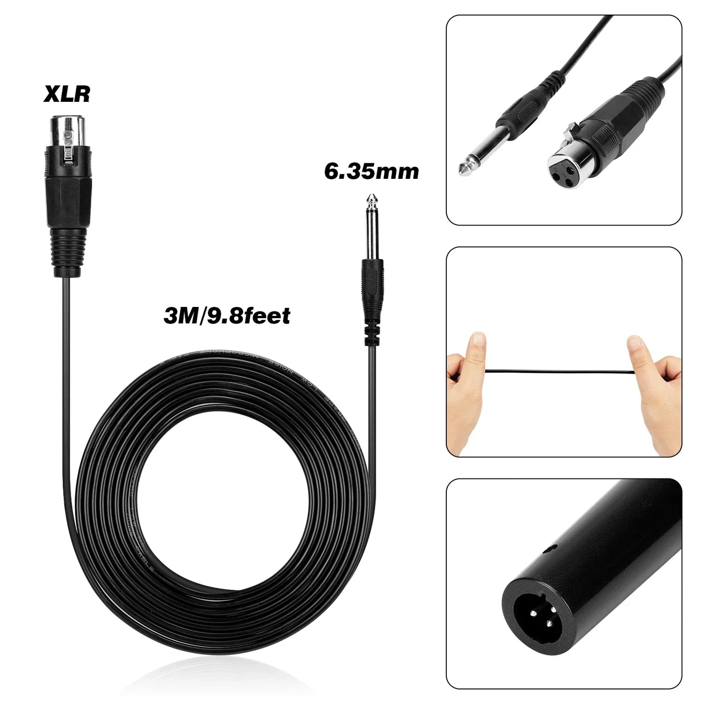 Black 3-meter xlr-to-6.35mm wired dynamic super-cardioid audio cable with threaded metal connector for vocal microphone handheld use