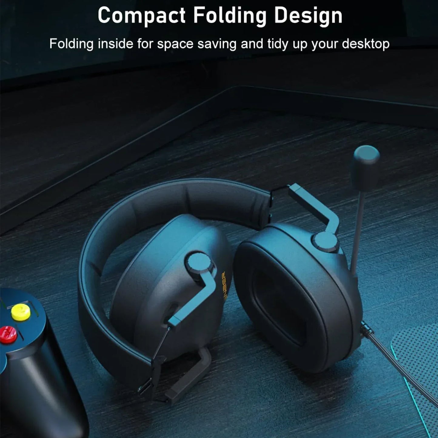 Black wired gaming headset with folding design and noise cancelling microphone for laptop nintendo gamer use