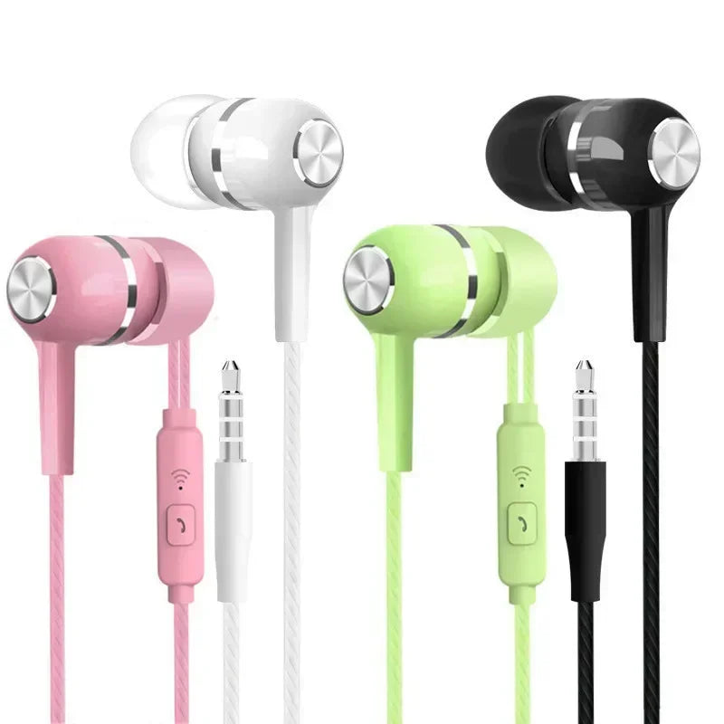 Set of colorful wired sport earbuds with metallic silver mic volume control buttons and matching bass phone earphones cables