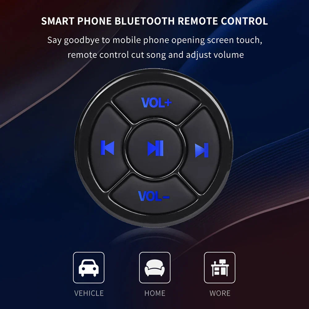 Black circular wireless bluetooth 5.0 remote controller media with blue illuminated button car motorcycle steering wheel music