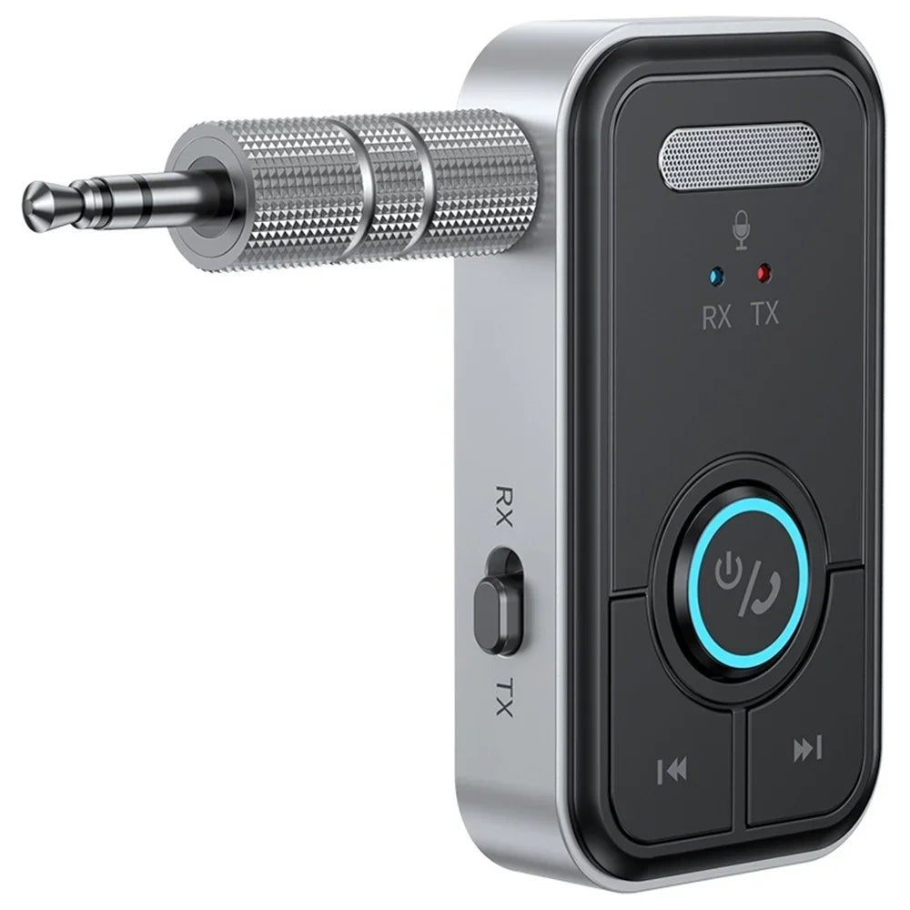 Silver and black wireless bluetooth 5.3 adapter transmitter receiver with textured 3.5mm jack for music headphone car and car speaker aux