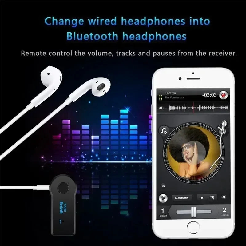 Black wireless bluetooth 5.0 converter mobile phone audio adapter with 35mm socket and phone hands-free stereo button