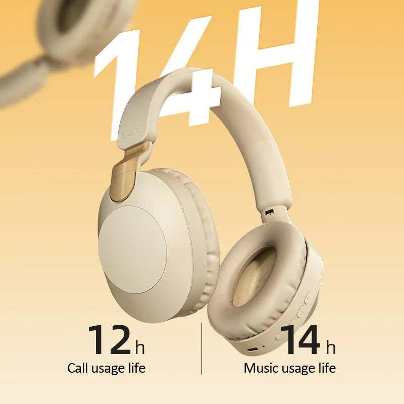 Cream-colored wireless bluetooth-compatible headset eearphone with soft padding and hifi stereo bt5 for calls and music