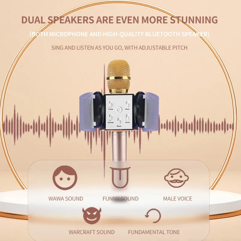 Gold-colored wireless bluetooth handheld microphone with colorful light and control panel for singing karaoke ktv use